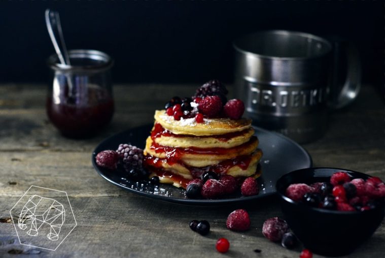 American Pancakes with Raspberry Jam and Wild Berries