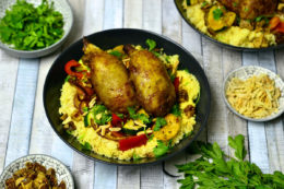 Vegan chicken drumsticks with vegetable couscous